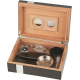 Cigar Humidor Set in Black with White Application with Hygrometer and Accessories for ca 50 cigars in Black