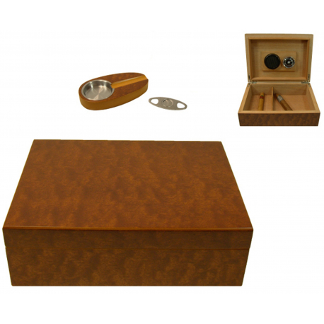 Cigar Humidor Set in Black with White Application with Hygrometer and Accessories for ca 50 cigars in Black