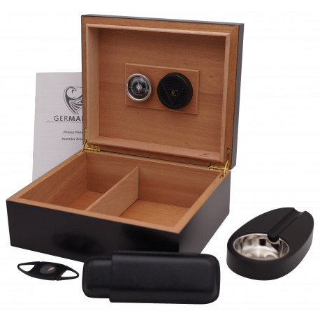 GERMANUS Cigar Humidor Set in Black with Digital Hygrometer for ca 50 cigars in Black